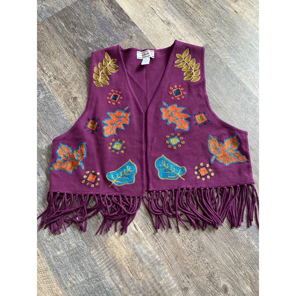 Vintage August Max Woman’s Frayed Embroidered Leaves Boho Vest Size 1X